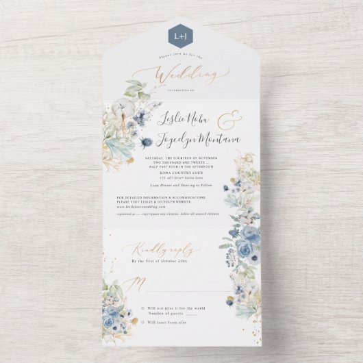 PixDezines Waterverf Winter Dusty Blue Cotton All In One Uitnodiging (Binnen)