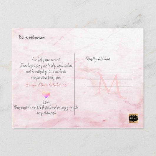 PixDezines Welcome Baby Girl, Faux Folie Script Aankondigingskaart (Achterkant)