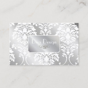 PixDezines White Damask + Silver Tone Visitekaartje