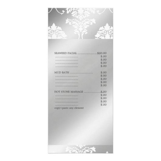 PixDezines Witte Damask Spa Diensten Menu (Voorkant)