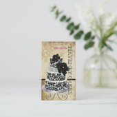 PixDezines Zwarte damast taart/pâtisserie Visitekaartje (Staand voorkant)