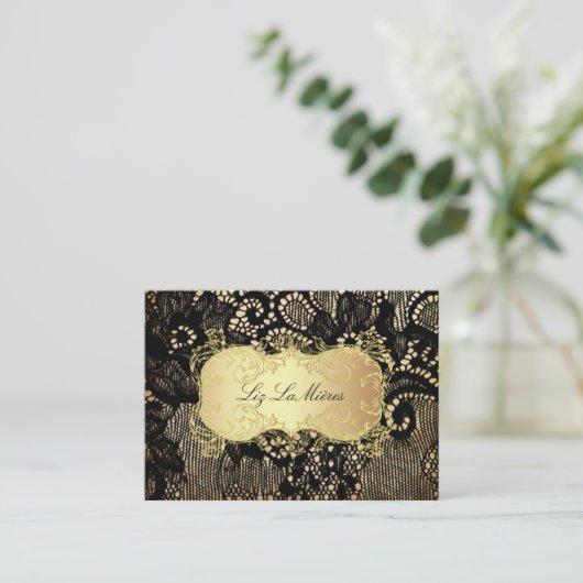 PixDezines  ZWARTE LACE/FAUX PARCHMENT Visitekaartje (Staand voorkant)