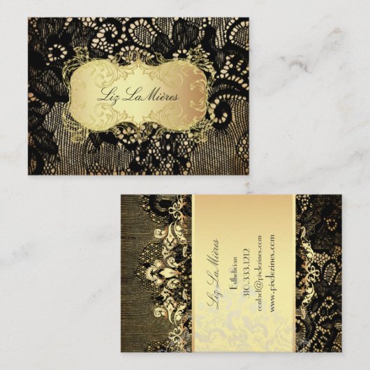 PixDezines  ZWARTE LACE/FAUX PARCHMENT Visitekaartje (Voorkant / Achterkant)