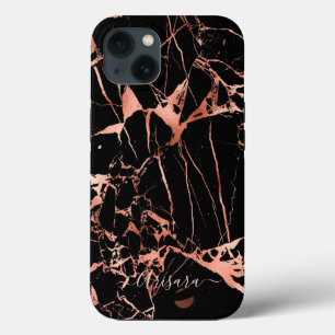 PixDezines Zwarte Marmeren Nep Roze Gouden Aders H iPhone 13 Hoesje