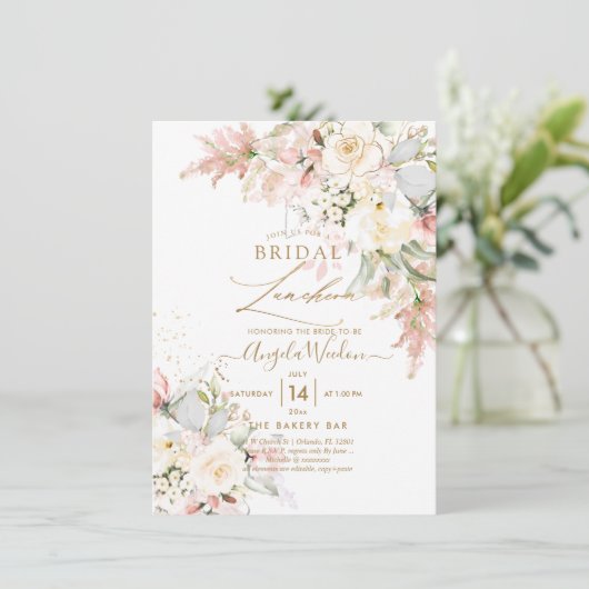 PixDezinesH2 Blush alabaster Rozen Bridal Luncheon Kaart (Staand voorkant)