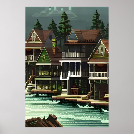 Pixel art, Amerikaanse stad bij het zee | AI Art. Poster (Voorkant)