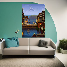 Pixel art, Amerikaanse stad vlakbij de oceaan | AI Poster