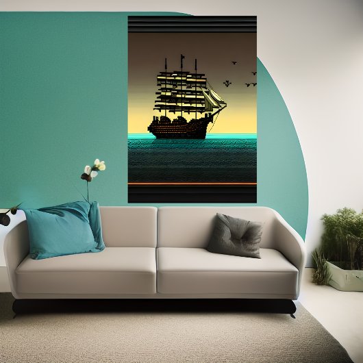 Pixel art, bateau sur la mer | AI Art Poster