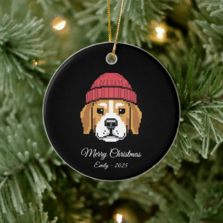 Pixel Art Beagle Dog Winter Hat Keramisch Ornament