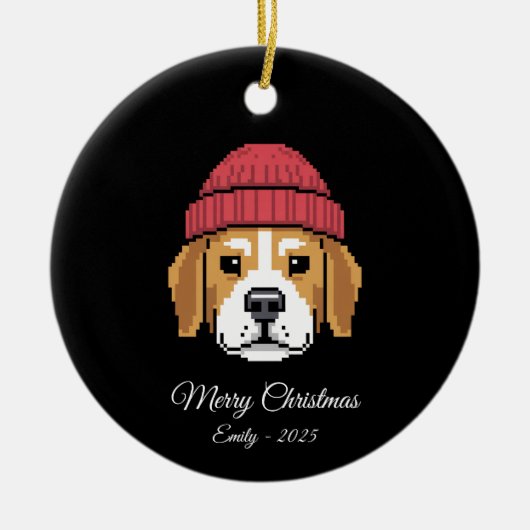 Pixel Art Beagle Dog Winter Hat Keramisch Ornament (Voorkant)