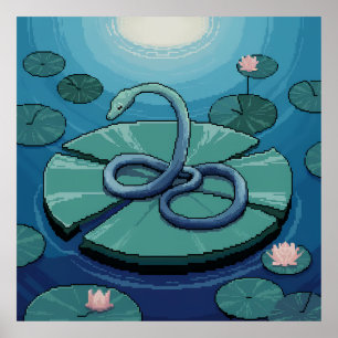 Pixel Art Blauwe Slang op Waterlelieblad Poster