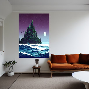 Pixel art, Castle on rock in the ocean   AI Art  Poster