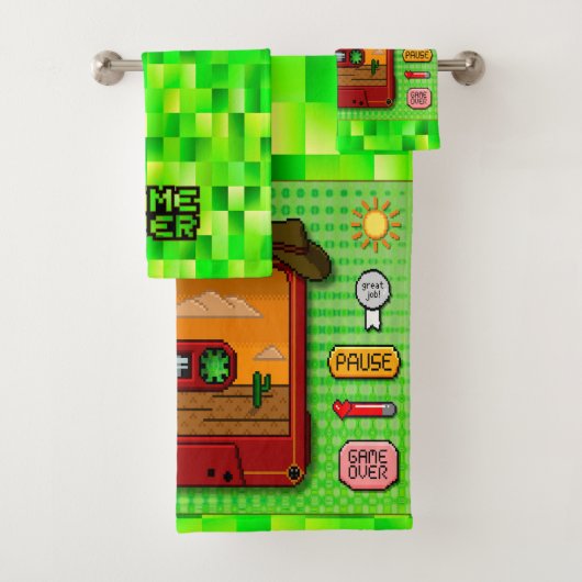 Pixel art denim set towels (En situation)