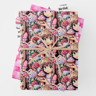 Pixel Art Girl's Roze Verjaardagsfeestje Inpakpapier Vel