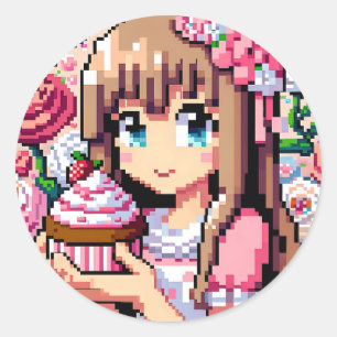 Pixel Art Girl's Roze Verjaardagsfeestje Ronde Sticker
