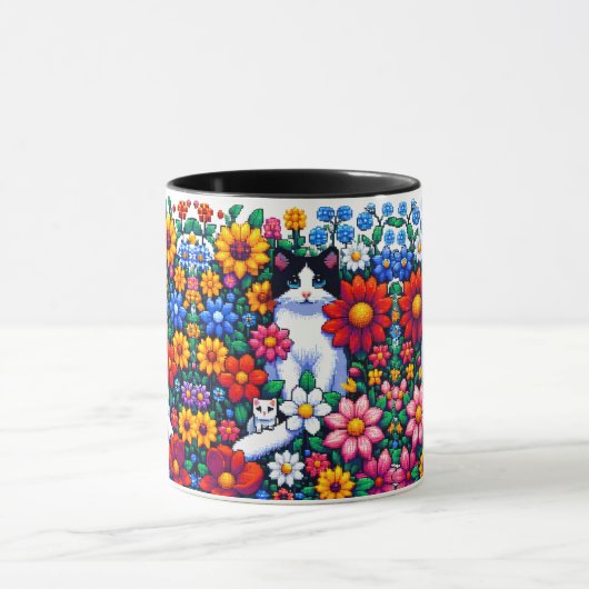 Pixel Art Kat, Kitten en Bloemen Mok (Midden)
