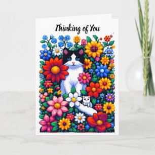 Pixel Art Katten en Bloemen die aan Je Denken Kaart