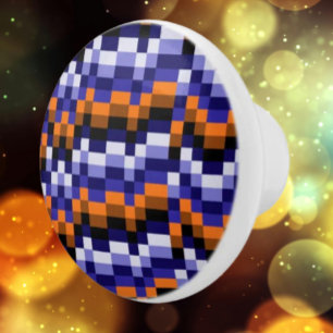 Pixel Art Keramische Knop – Blauw, Oranje & Aarde