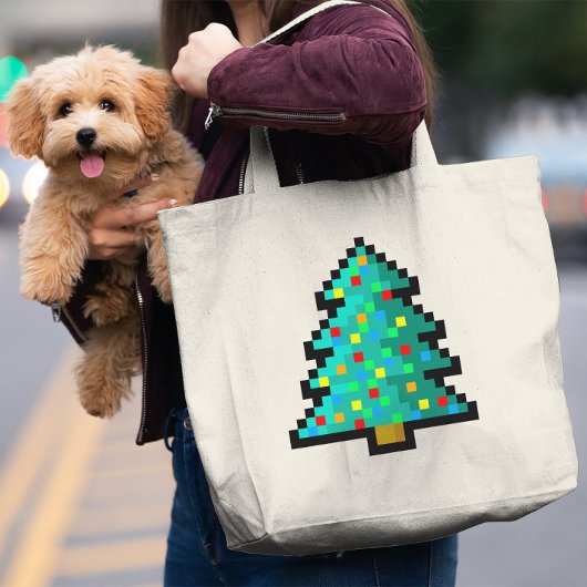Pixel art kerstboom groen met versieringen grote tote bag