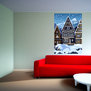 Pixel art, Noorse stad in sneeuw   AI Art. Poster