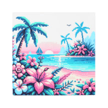Pixel Art Ocean Art rose et bleu Tropical Art