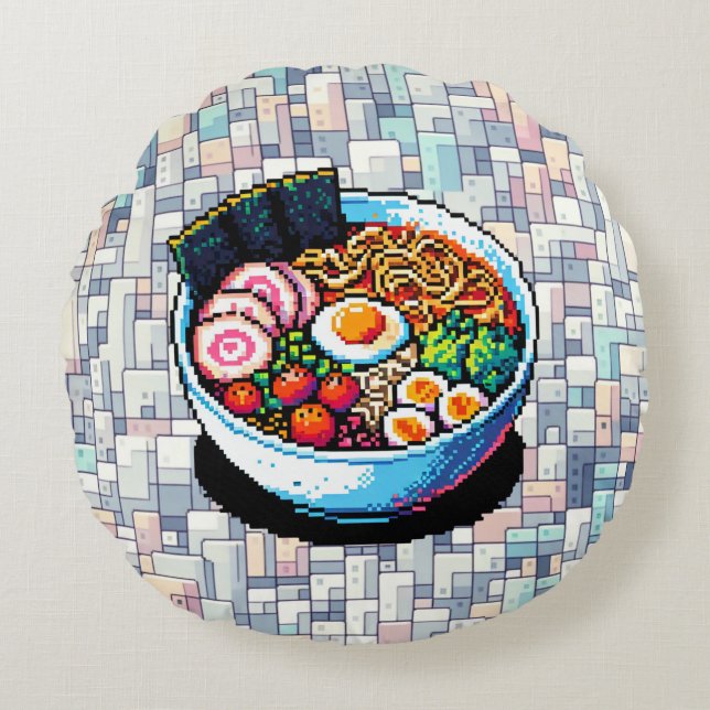 Pixel Art Ramen Noodles Rond Kussen (Voorkant)