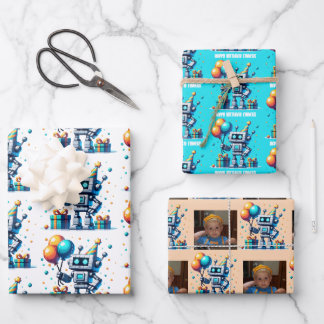 Pixel Art Robot in Oranje en Blauwgroen Verjaardag Inpakpapier Vel