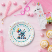 Pixel Art Robot in Oranje en Blauwgroen Verjaardag Papieren Bordje (Feest)