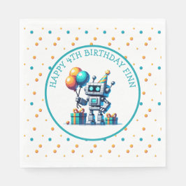 Pixel Art Robot in Oranje en Blauwgroen Verjaardag Servet