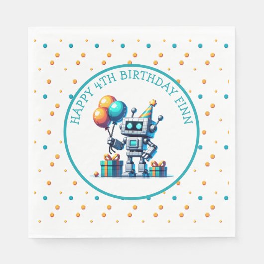 Pixel Art Robot in Oranje en Blauwgroen Verjaardag Servet (Voorkant)