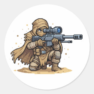 Pixel Art Tactische Sluipschutter Soldaat Woestijn Ronde Sticker