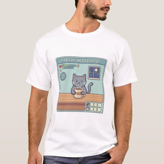 Pixel Cat Need Coffee – Retro RPG Game Status T-shirt (Voorkant)