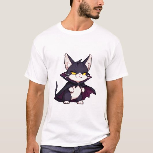 Pixel Dracula Cat – Smug Cute Vampire 8-Bit Cat T-shirt (Voorkant)
