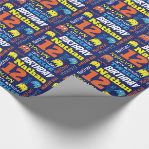 Pixel gaming alien 12-jarig, continu cadeaupapier