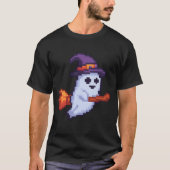 Pixel-Geist auf Besen – Halloween Retro Design T-shirt (Voorkant)
