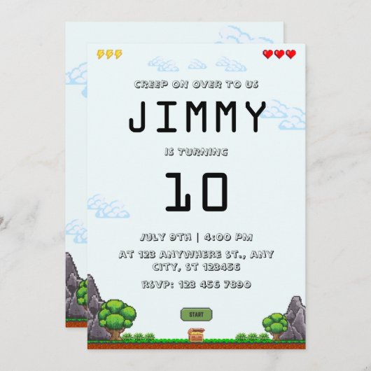 Pixel Jeu Anniversaire Invitation (Devant / Derrière)