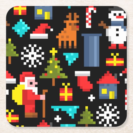 Pixel Kerstmis Vierkante Kartonnen Onderzetter (Voorkant)