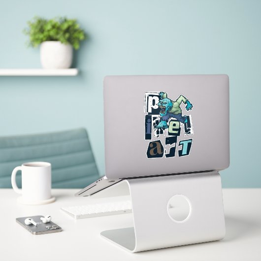 Pixel kunst en monster sticker (Laptop op bureau)