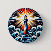 Pixel Lighthouse - Ocean Waves & Coastal Beacon Ronde Button 5,7 Cm (Voorkant)