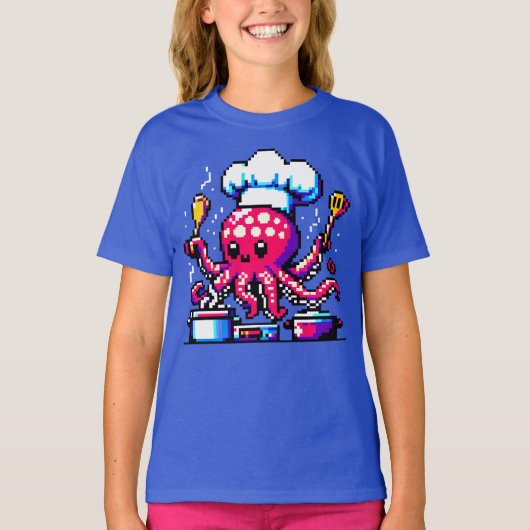 Pixel Octopus Chef Grappig Koken & Vis en zeevruch T-shirt (Voorkant)