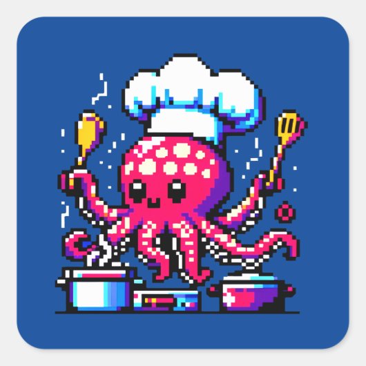 Pixel Octopus Chef Grappig Koken & Zeevruchten Des Vierkante Sticker (Voorkant)