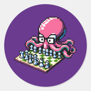 Pixel Octopus Schaak Retro Strategie Bord Game Art Ronde Sticker