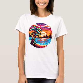 Pixel Paradise: 8-bit Tropical Sunset Retro Natuur T-shirt