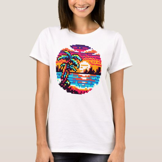 Pixel Paradise: 8-bit Tropical Sunset Retro Natuur T-shirt (Voorkant)