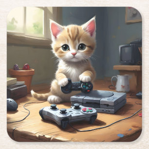 Pixel Paws: het gamer kitten in actie Vierkante Kartonnen Onderzetter