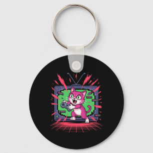 Pixel Rage Kat Retro Gamer Storing In 8-bit Stijl  Sleutelhanger