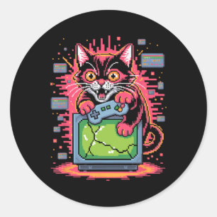 Pixel Razernij Kat Retro Gamer Storing In 8-bit St Ronde Sticker