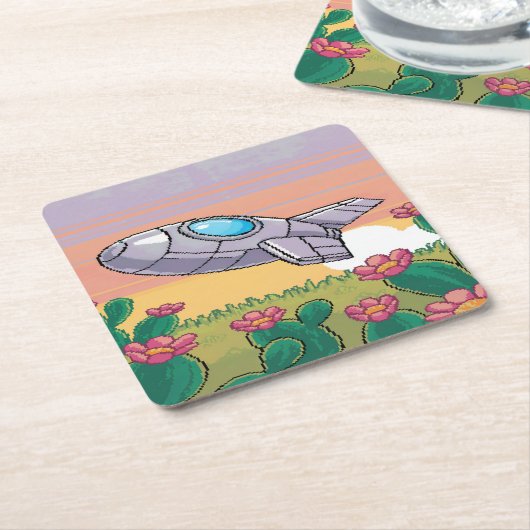 Pixel Ruimteschip Cactus Onderzetter Set (Schuin)