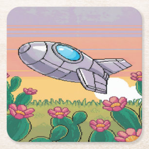 Pixel Ruimteschip Cactus Onderzetter Set