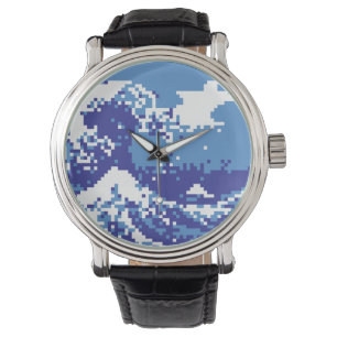 Pixel Tsunami Blue met 8 bits Pixel Art Horloge